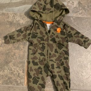 3 month, Carhartt Zip front fleece hooded coverall.